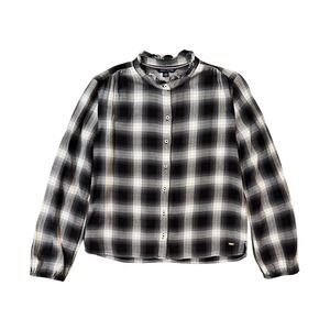 Tommy Hilfiger Shirt Women’s XS Black Plaid Ruffle Neck Button Up Long Sleeve